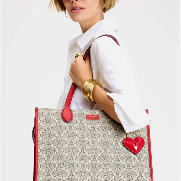 New Kate Spade Spade Flower Coated Canvas Large Market Tote Cherry Rose - Picture 1 of 6